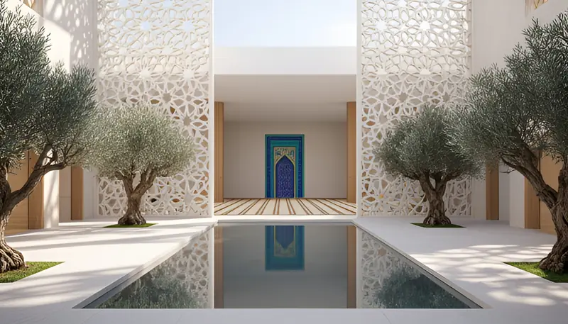 Concept rendering of an open courtyard with a reflecting pool between olive trees and tall white geometric lattice screens, leading to a simple prayer hall with a blue and turquoise tiled mihrab niche.