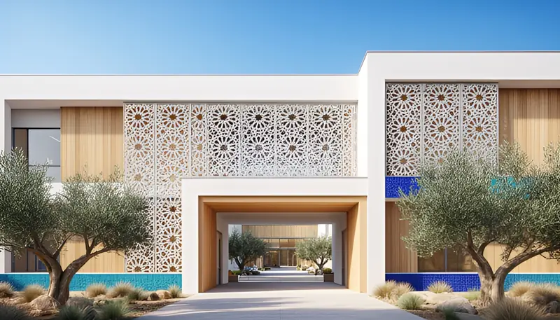 Concept rendering of a modern two-storey school with white walls, timber panels and perforated screens in an eight-pointed star pattern; a covered entrance opens onto a courtyard with olive trees.