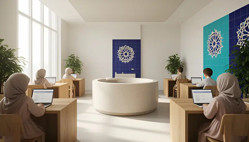 Concept rendering of a bright classroom with a round guide station in the centre and wooden desks around it; children seen from behind work on laptops, girls in headscarves; tall windows and a lapis and turquoise tile wall.