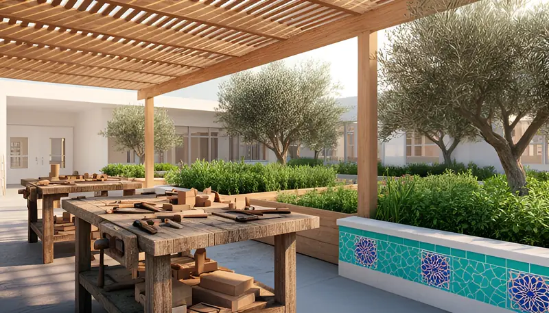 Concept rendering of an outdoor workshop under a timber pergola with sturdy wooden workbenches and hand tools, raised herb beds edged in turquoise geometric tile, and olive trees.