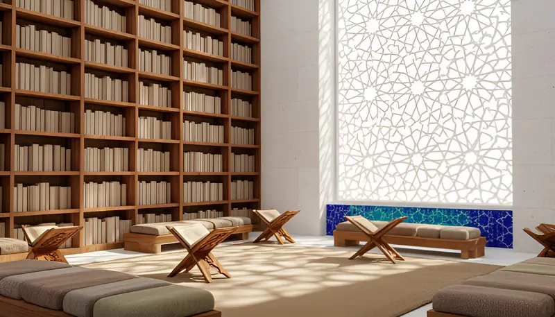 Concept rendering of a tall library with oak bookshelves, low cushioned benches and wooden folding book stands, lit by a large geometric lattice window that casts star-shaped shadows on the floor.